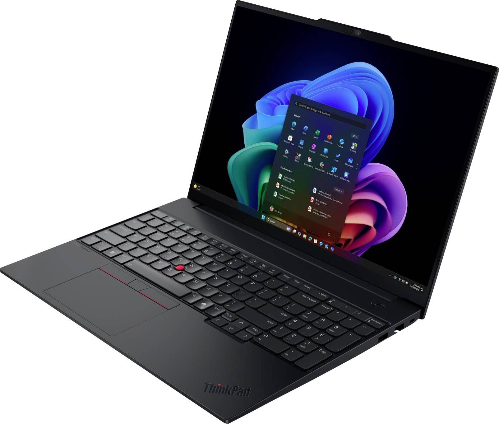 Schwarzer Lenovo ThinkPad-Laptop in schräger Position offen, zeigt den Windows 11-Desktop auf dem Bildschirm.