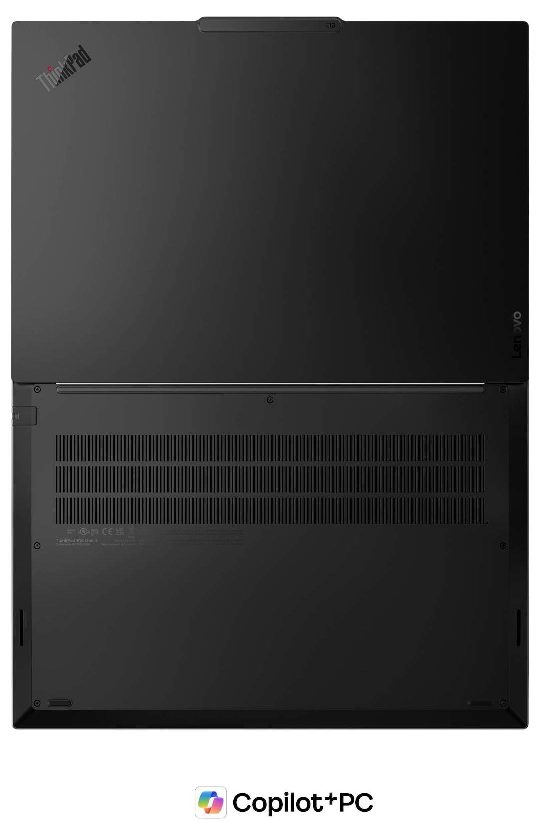 Black ThinkPad Laptop teilweise offen, zeigt die Tastatur und das Trackpad.
