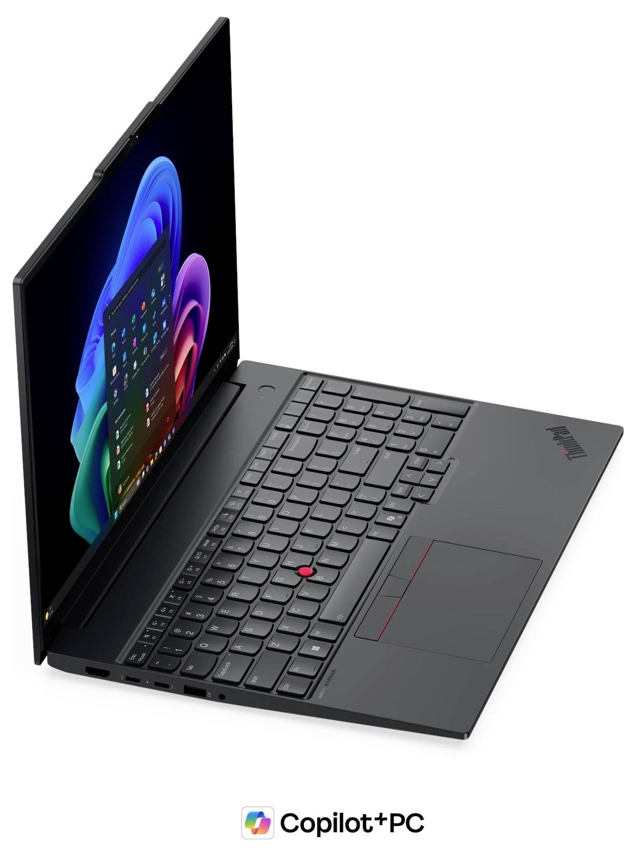 Seitenansicht eines geschlossenen schwarzen Laptops, die ein dünnes Profil mit Belüftungsschlitzen entlang der Kante zeigt.
