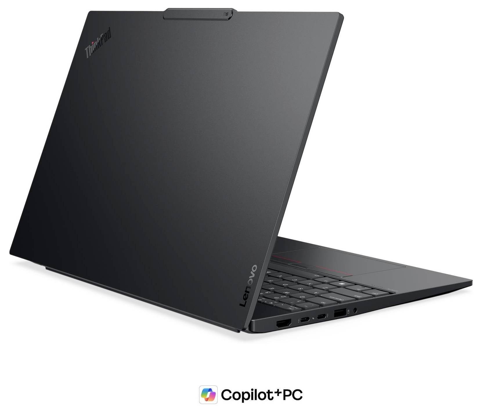 Seitenansicht eines geschlossenen schwarzen Laptops, die das dünne Profil und die Anschlüsse an der linken Kante vor weißem Hintergrund zeigt.