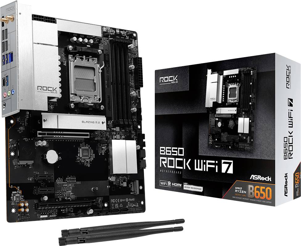 ASRock B650 Steel WiFi Motherboard neben ihrer Einzelhandelsverpackung und zwei Antennenkabeln dargestellt, mit AM5-CPU-Sockel und schwarz-silbernen Kühlkörpern.