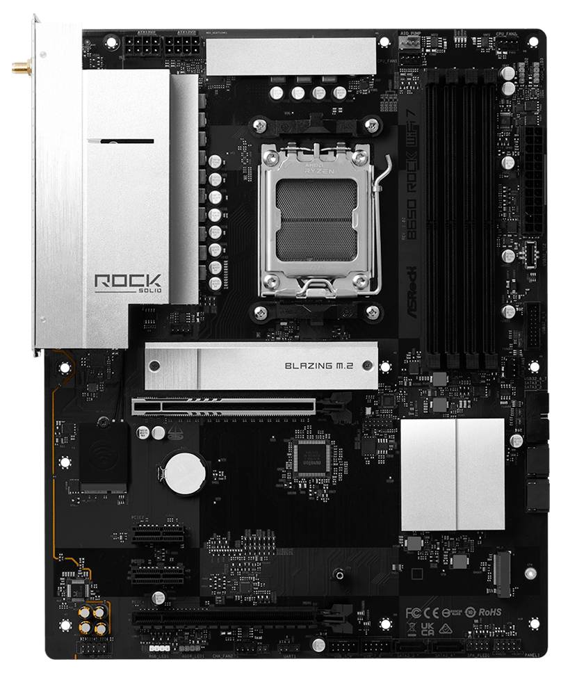 Schwarzes ASRock-Motherboard mit Intel-CPU-Socket, RAM-Slots, M.2-Slot und silbernen Kühlkörpern