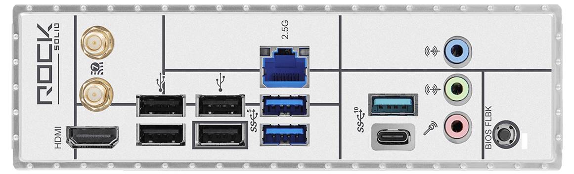 Rückseite des Desktop-PC-I/O-Panels mit Anzeigeausgängen, USB-Anschlüssen, Ethernet, Audiobuchsen, Wi-Fi-Antennensteckern und BIOS-Flash-Knopf.