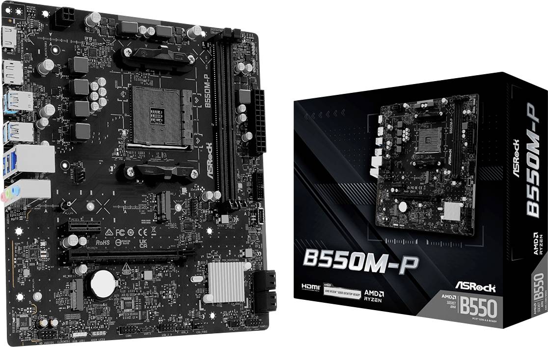 ASRock B550M-P Motherboard neben seiner Einzelhandelverpackung, ein Micro-ATX AMD B550 Motherboard für Ryzen CPUs.