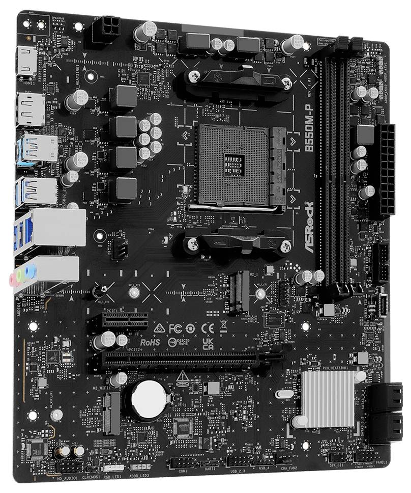 ASRock B650M-P Mainboard mit AMD AM5 CPU-Sockel, DDR5-Speicherplätzen, PCIe-Steckplätzen, USB- und Audioanschlüssen sowie Chipsatz-Kühlkörper.