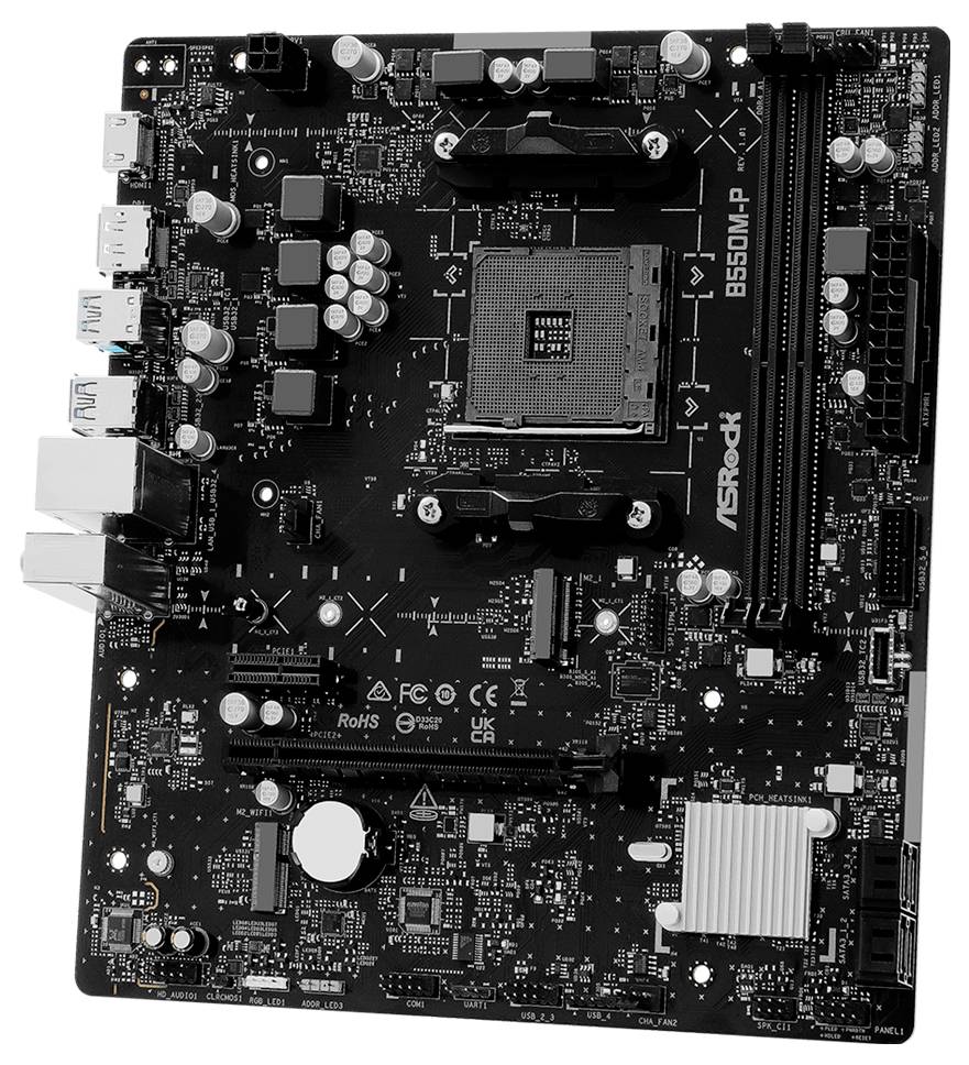 Computermainboard mit AMD-Sockel, RAM-Steckplätzen, PCIe-Steckplätzen, hinteren Ein-/Ausgabe-Anschlüssen und Kühlkühlkörpern, auf weißem Hintergrund gezeigt.