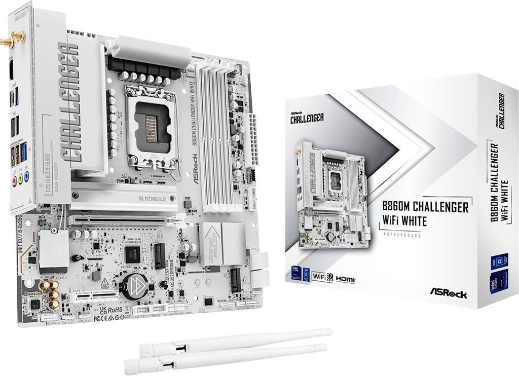 ASRock B860M Challenger WiFi White Micro-ATX-Mainboard neben seiner Verpackung und zwei Antennen in Weiß und Silber Design.