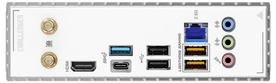 Hinteres Motherboard-I/O-Panel mit PS/2, HDMI, USB, LAN und farbcodierten Audiobuchsen.