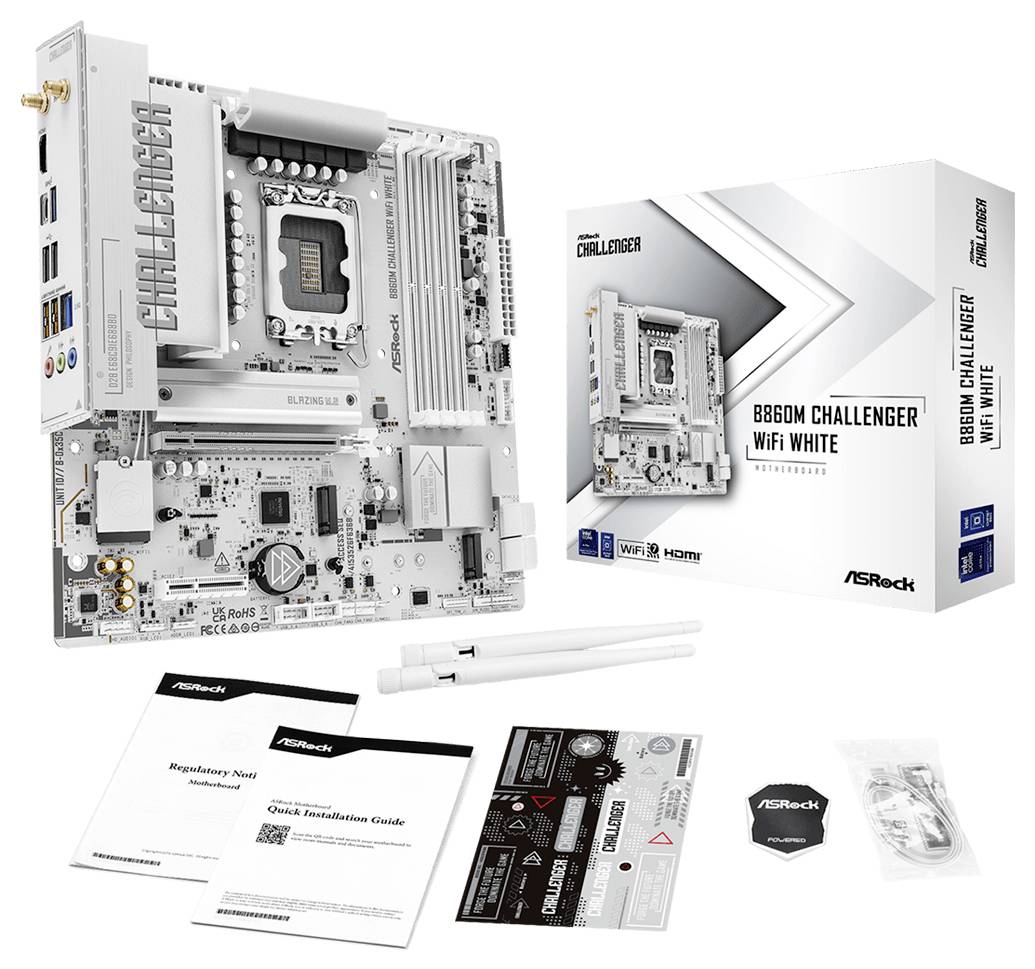 ASRock B860M Challenger WiFi White Mainboard mit Einzelhandelskarton und mitgelieferten Zubehörteilen, einschließlich Handbücher, Aufkleber, Kabel und Antenne.