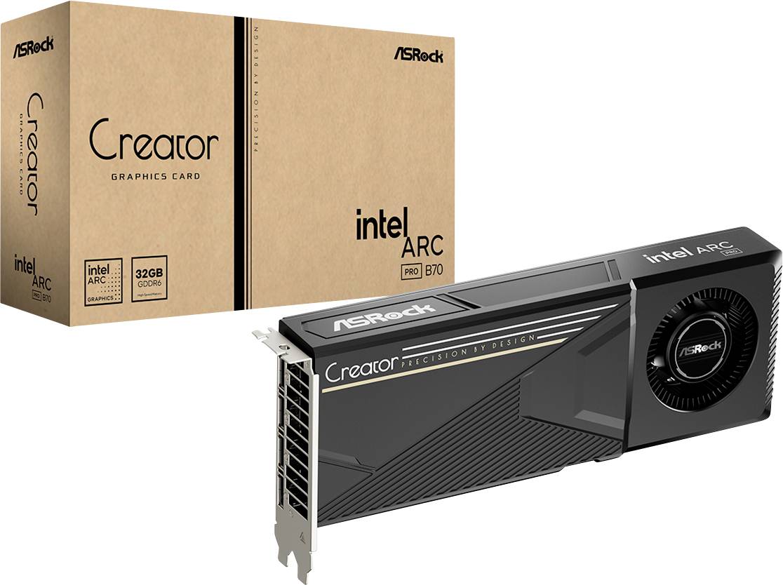 ASRock Creator Intel Arc Pro B70 Grafikkarte neben ihrer Einzelhandelsverpackung gezeigt, mit 32GB GDDR6 und Intel Arc-Branding.