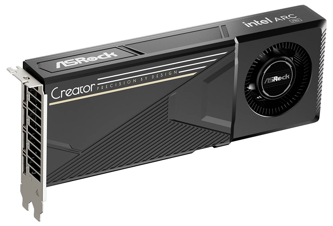 ASRock Intel Arc Creator Grafikkarte mit einzelnem Kühlventilator und Anzeigeports an der Halterung, dargestellt auf weißem Hintergrund.