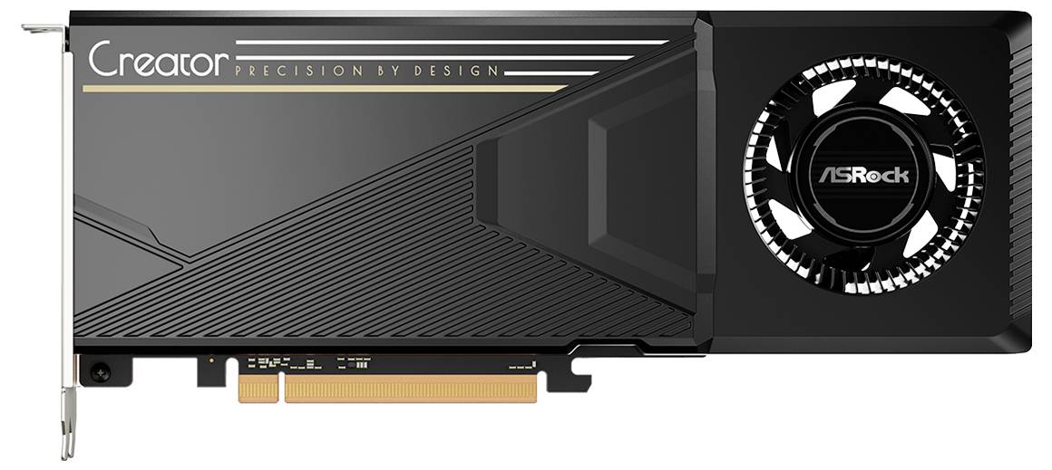 ASRock Creator Grafikkarte mit schwarzem Shroud, einzelnem Kühlungslüfter und goldenen PCIe-Anschluss auf weißem Hintergrund.