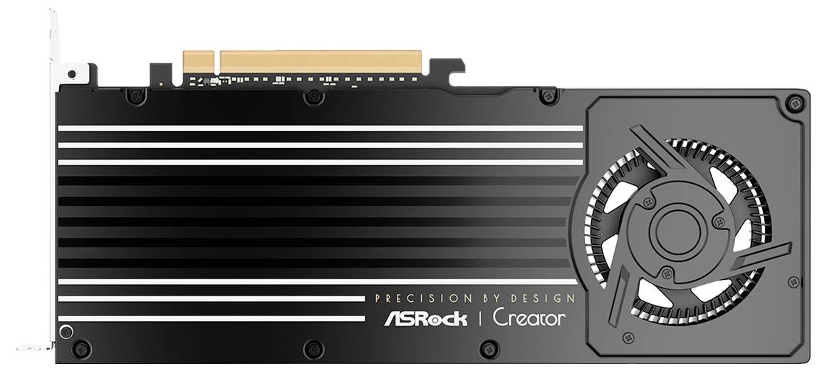 ASRock Creator Grafikkarte mit großem Kühlventilator und geripptem schwarzem Kühlkörper, Frontansicht auf weißem Hintergrund dargestellt.