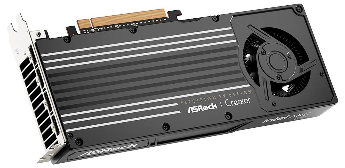 ASRock Creator Grafikkarte mit schwarzem Kühler, drei silbernen Streifen und einem sichtbaren Lüfter auf der rechten Seite.