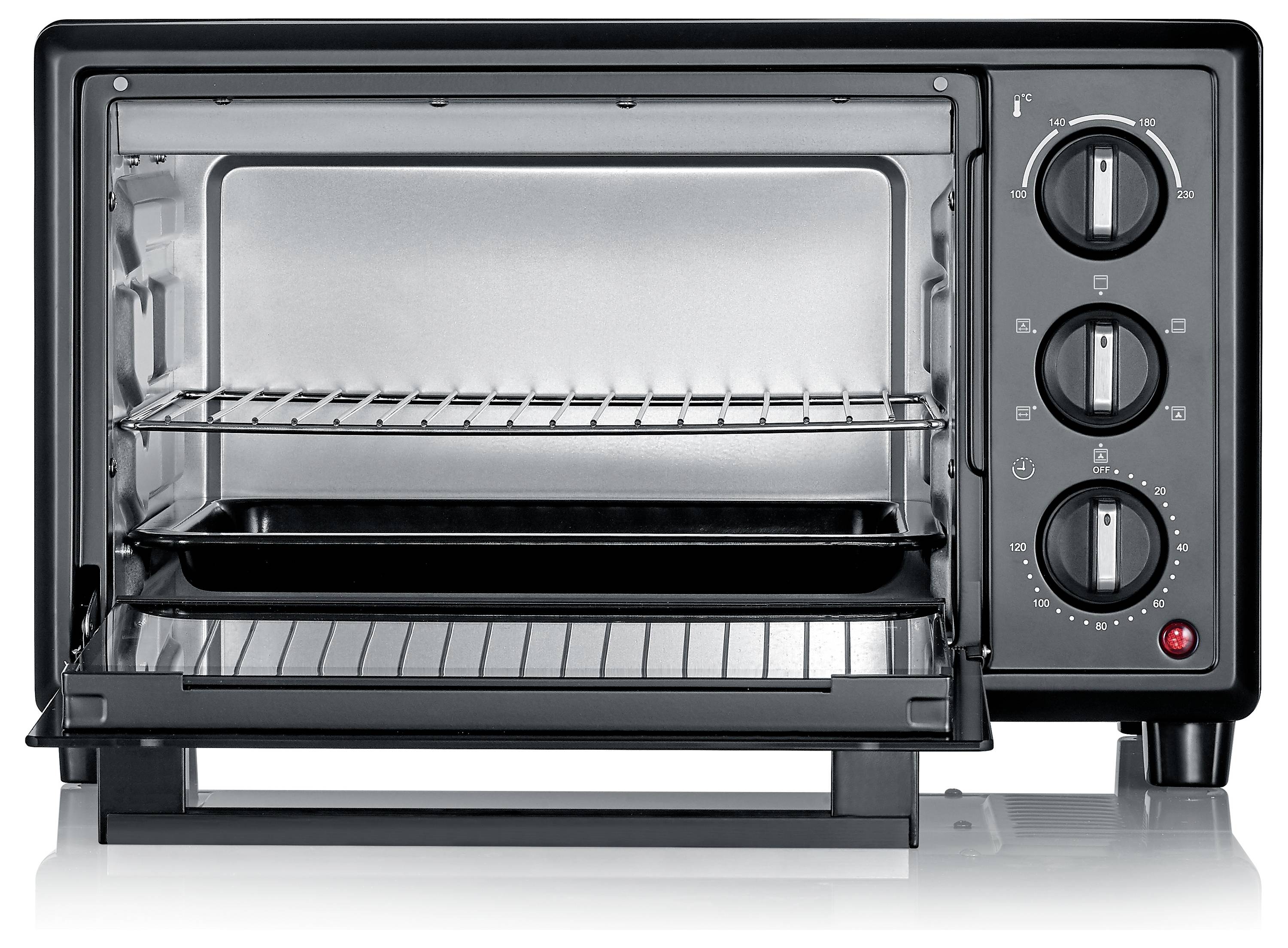 Vorderansicht eines Arbeitsplatten-Toasters mit offener Tür, die zwei Drahtgitter und drei Bedienknöpfe auf der rechten Seite zeigt.