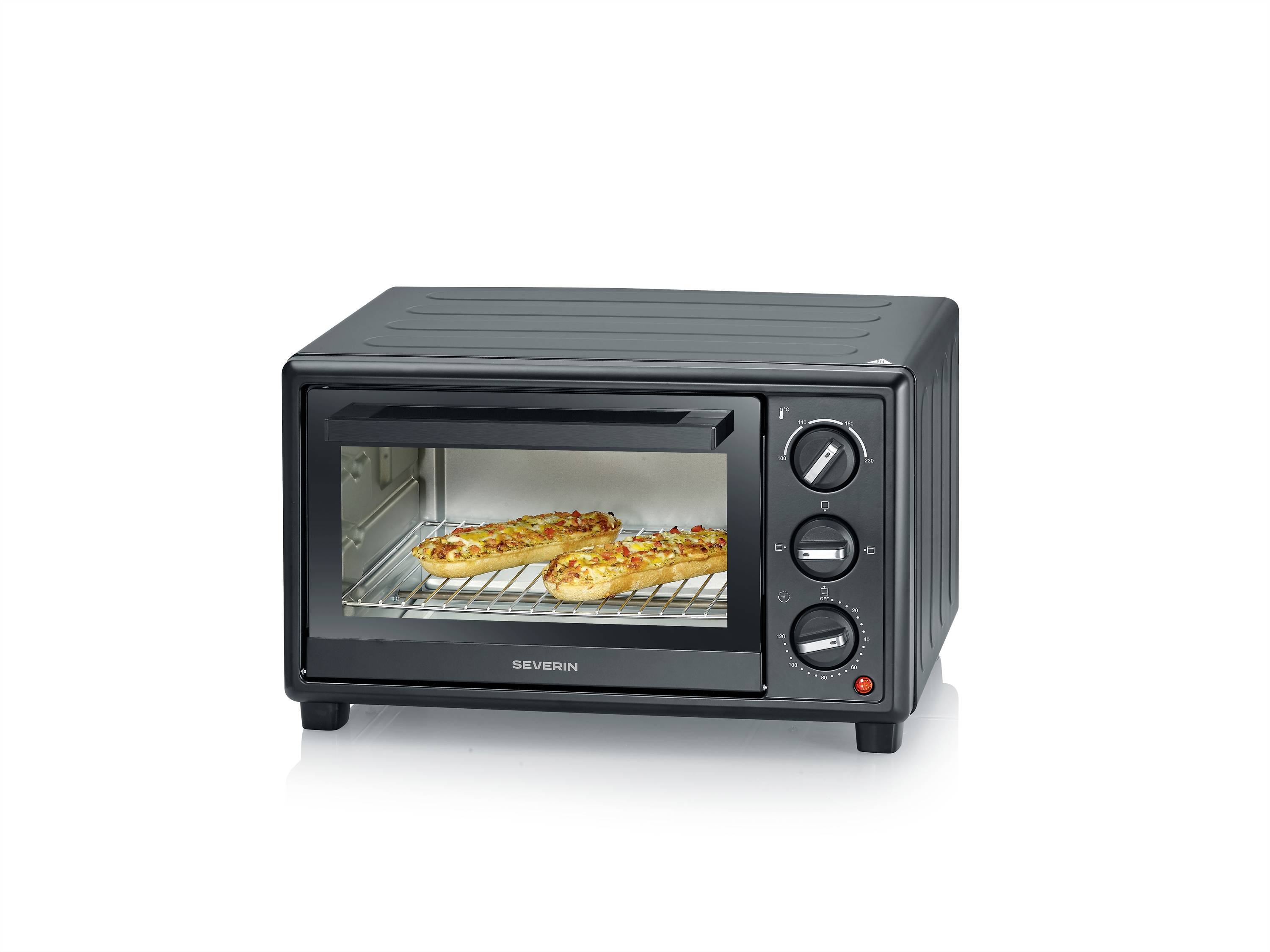 Schwarzer Toasterofen mit Arbeitsfläche mit drei Bedienknöpfen, zeigt Lebensmittel auf dem Rost im Inneren beim Backen.
