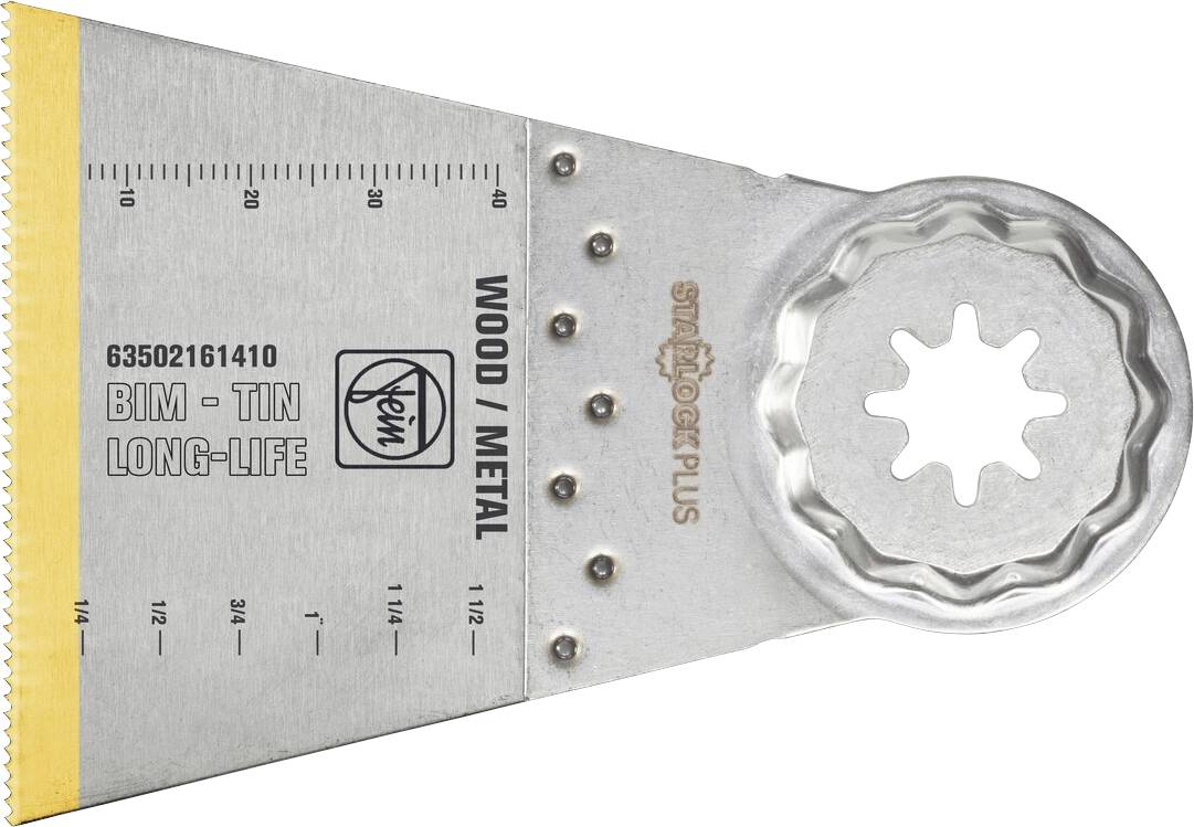 Metallisches oszillierendes Sägeblatt mit gerundeter zahnloser Schneidekante, gekennzeichnet für Holz/Metall und „BIM-TIN LONG-LIFE