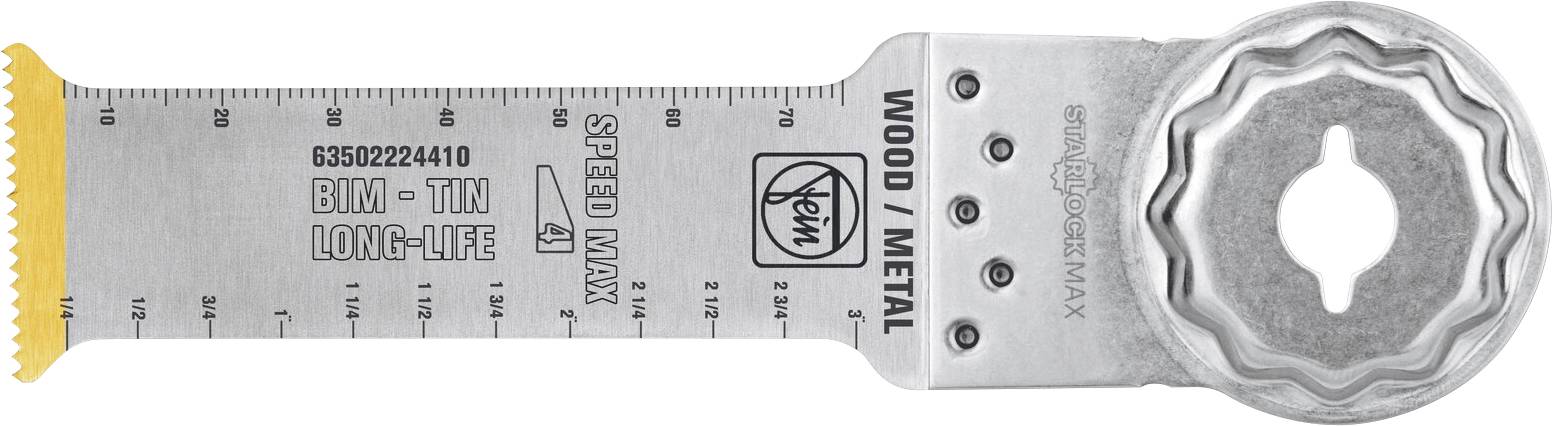 Metallisches oszillierendes Sägeblatt mit aufgedruckten Messskalen, gekennzeichnet mit BIM-TIN LONG-LIFE, SPEED MAX, WOOD/METAL und einem runden Befestigungsloch.