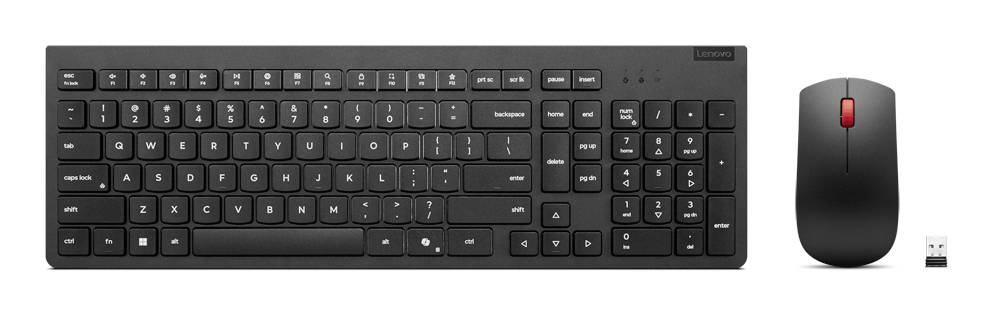 Kabelloses Tastatur- und Maus-Set auf weißem Hintergrund, zeigt eine schwarze Vollgröße-Tastatur, schwarze Maus mit rotem Scrollrad und USB-Empfänger.