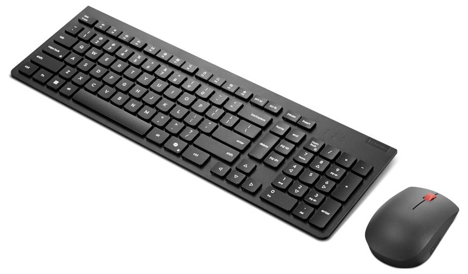 Schwarze kabellose Tastatur und Maus auf weißem Hintergrund.