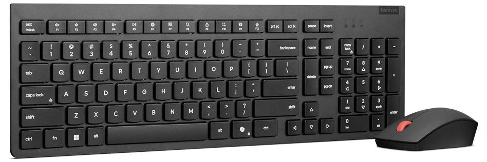 Schwarze kabellose Tastatur mit vollständigem Layout und Nummernblock, dargestellt mit einer passenden schwarzen Maus auf weißem Hintergrund.