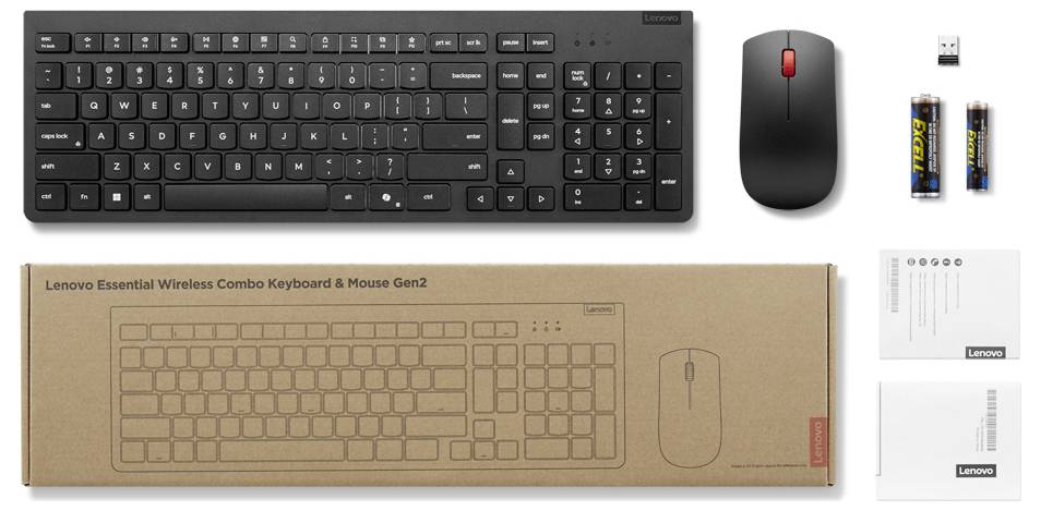 Kabelloses Lenovo-Tastatur- und Maus-Set mit Verpackung, eine vollständige schwarze Tastatur, schwarze Maus, USB-Empfänger und Batterien.