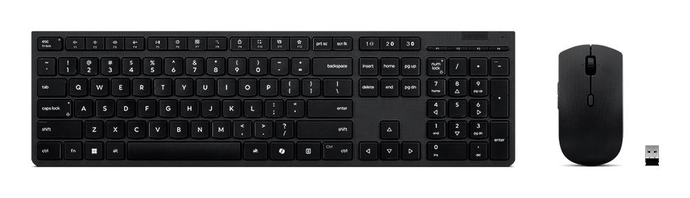 Kabelloses Tastatur, Maus und USB-Empfänger auf weißem Hintergrund dargestellt.