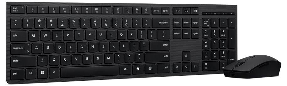 Schwarze kabellose Vollgröße-Tastatur mit Maus, mit Zahlenblock, Funktionstasten und separaten Navigationstasten auf hellem Hintergrund.