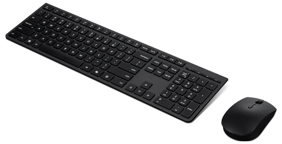 Schwarzes kabelloses Tastatur- und Mausset auf weißem Hintergrund, schräg nebeneinander angeordnet.