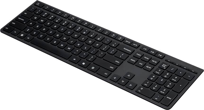 Schwarze Vollformat-Computertastatur im Winkel auf weißem Hintergrund gezeigt.