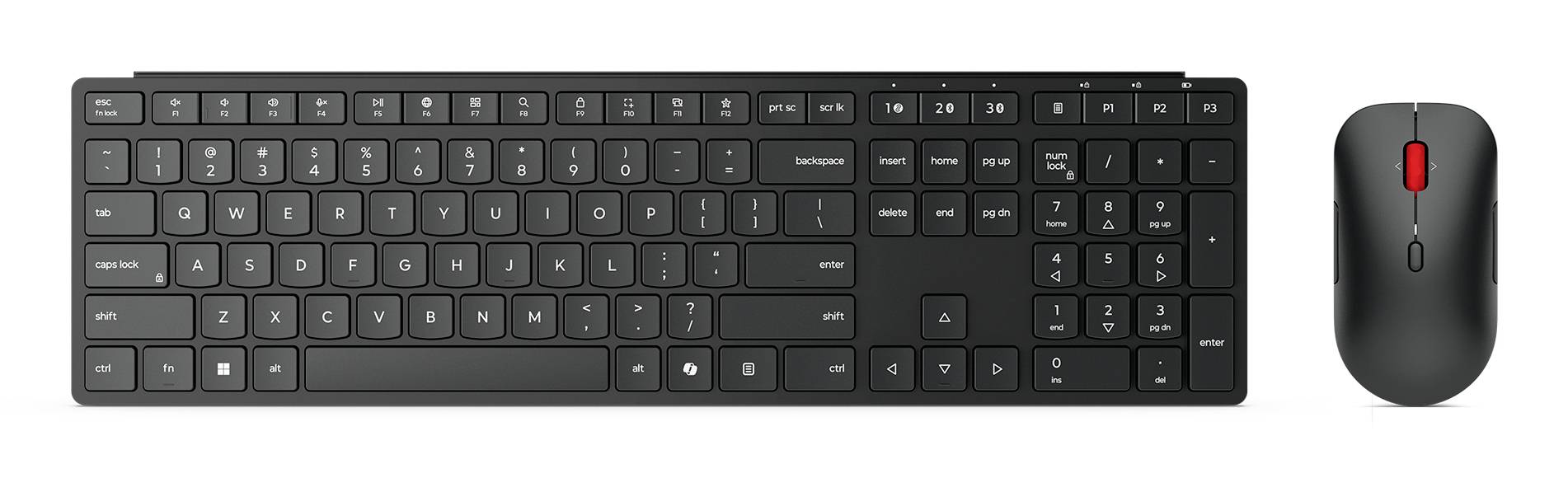 Schwarze Lenovo-Fernbedienung, gezeigt aus mehreren Winkeln, mit drei runden Tasten und einem kleinen Ladeanschluss an der Seite.