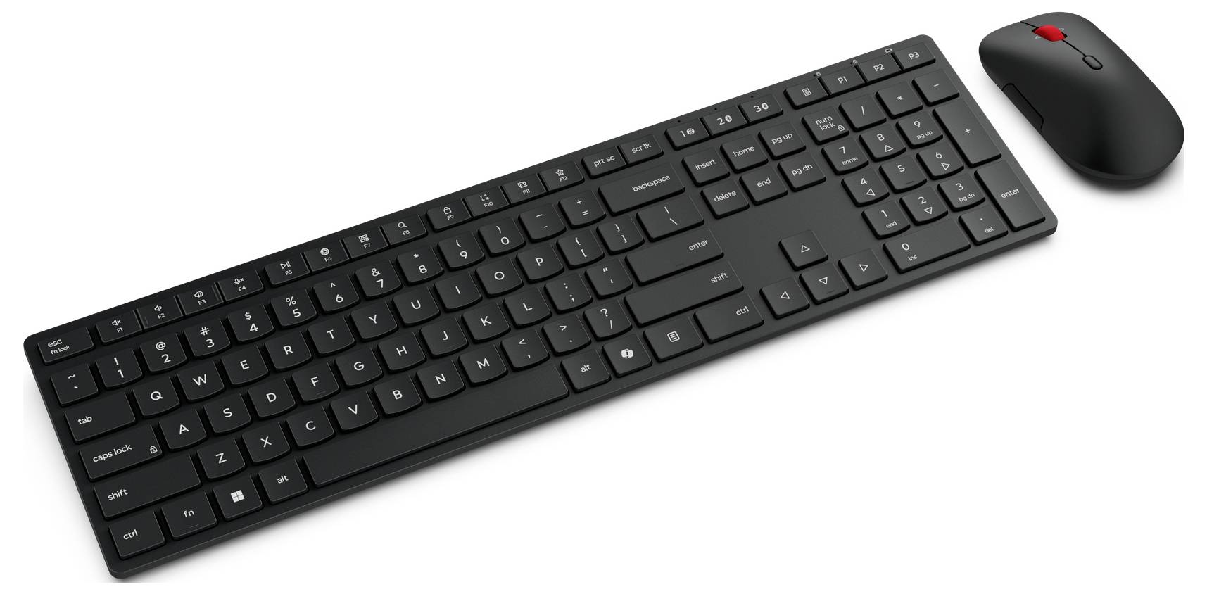 Schwarze kabellose Tastatur und Maus Set auf weißem Hintergrund.