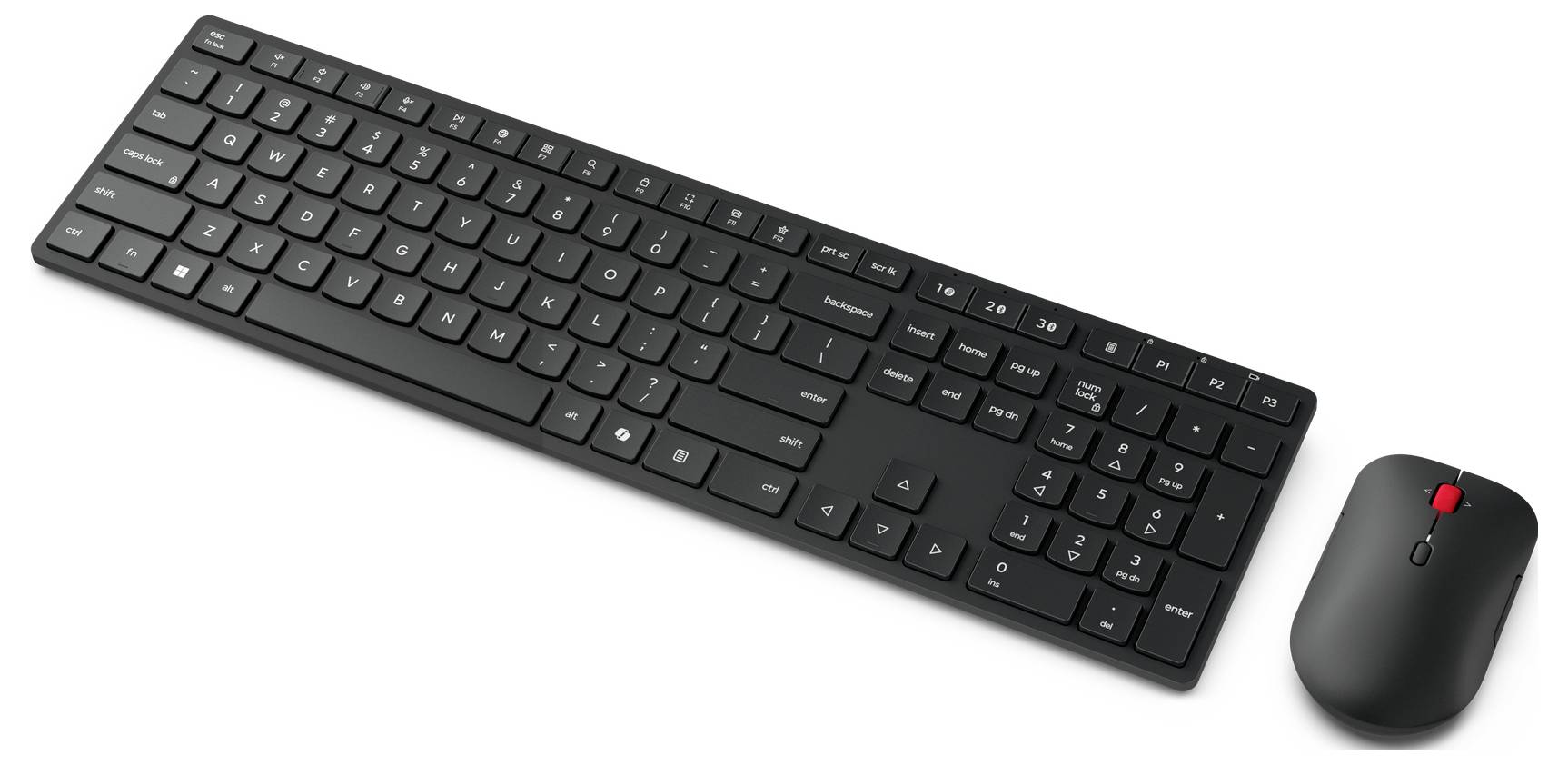 Schwarzes kabelloses Tastatur- und Mausset mit rotem Akzent auf der Maustaste, gezeigt auf weißem Hintergrund.