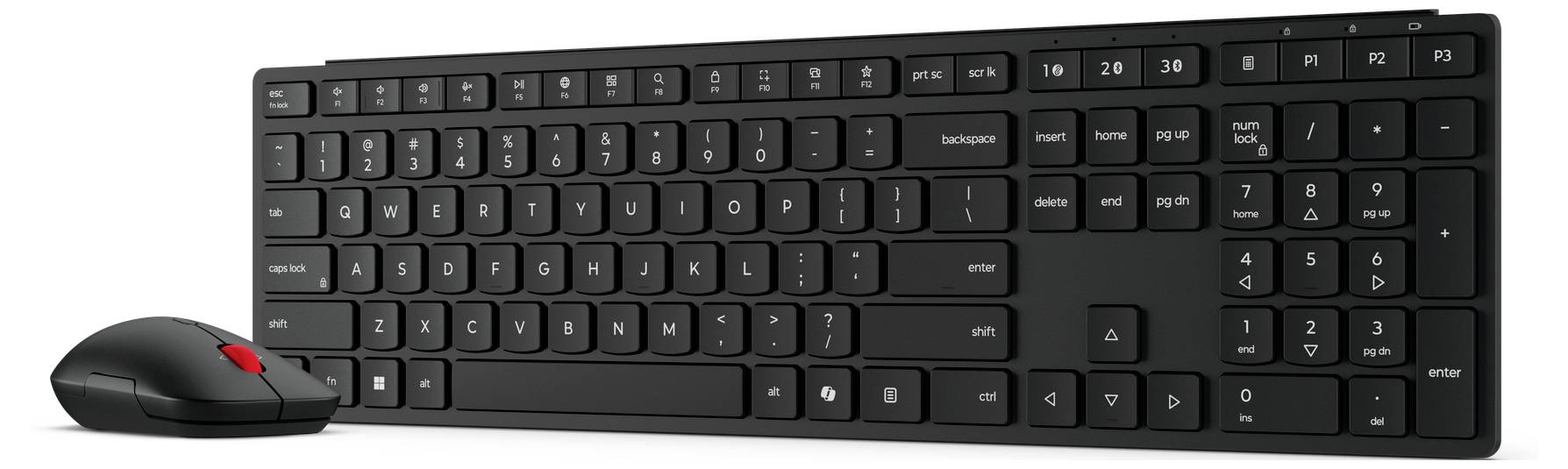 Wireless schwarze Tastatur mit Nummernblock und Maus mit rotem Scrollrad auf weißem Hintergrund.