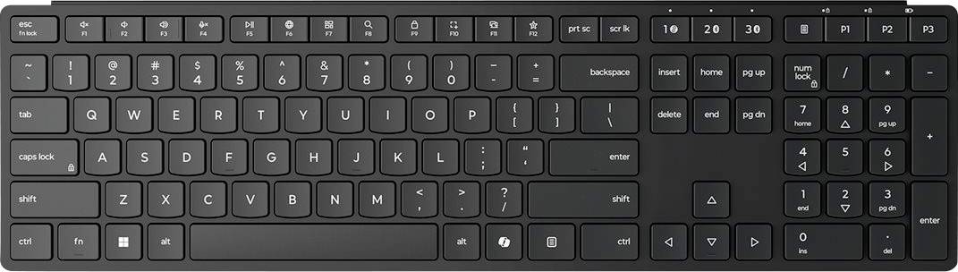 Schwarze Computer-Vollgrößentastatur mit Ziffernblock und beschrifteten Tasten auf weißem Hintergrund.