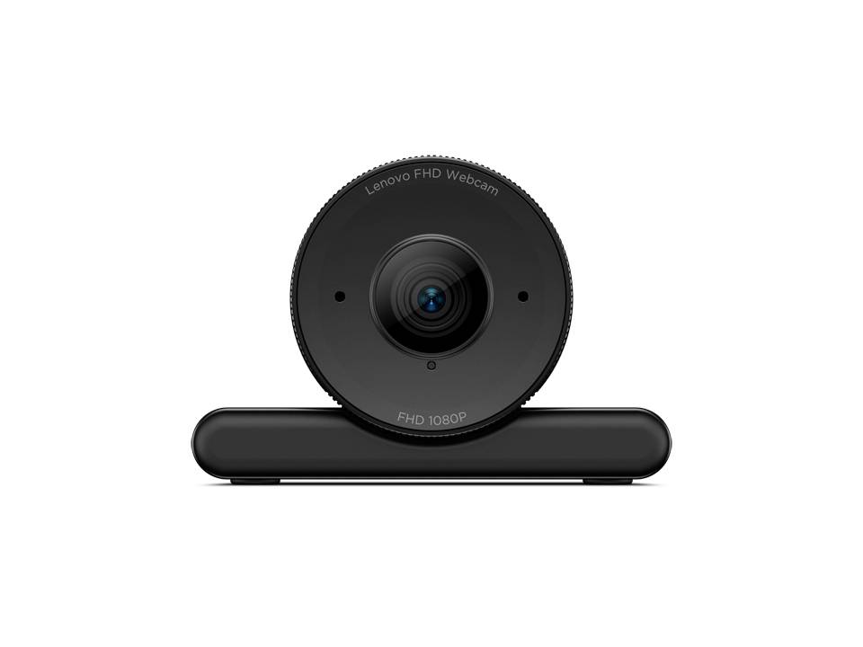 Schwarze Lenovo FHD-Webcam auf einem horizontalen Ständer, Frontansicht auf weißem Hintergrund.