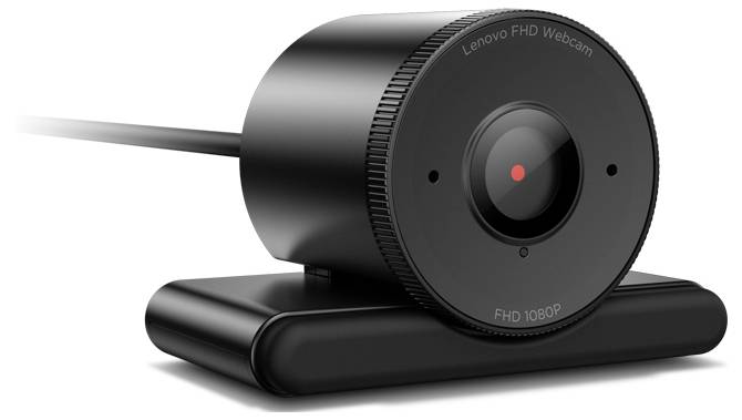 Schwarze Lenovo FHD 1080p Webcam mit angebrachtem Kabel und roter Anzeigelampe auf einem abgerundeten Ständer, shown on a white background.