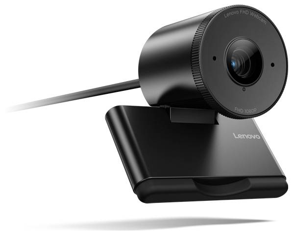 Schwarze Lenovo USB-Webcam auf einer Clipbasis mit angeschlossenem Kabel, dargestellt auf weißem Hintergrund.