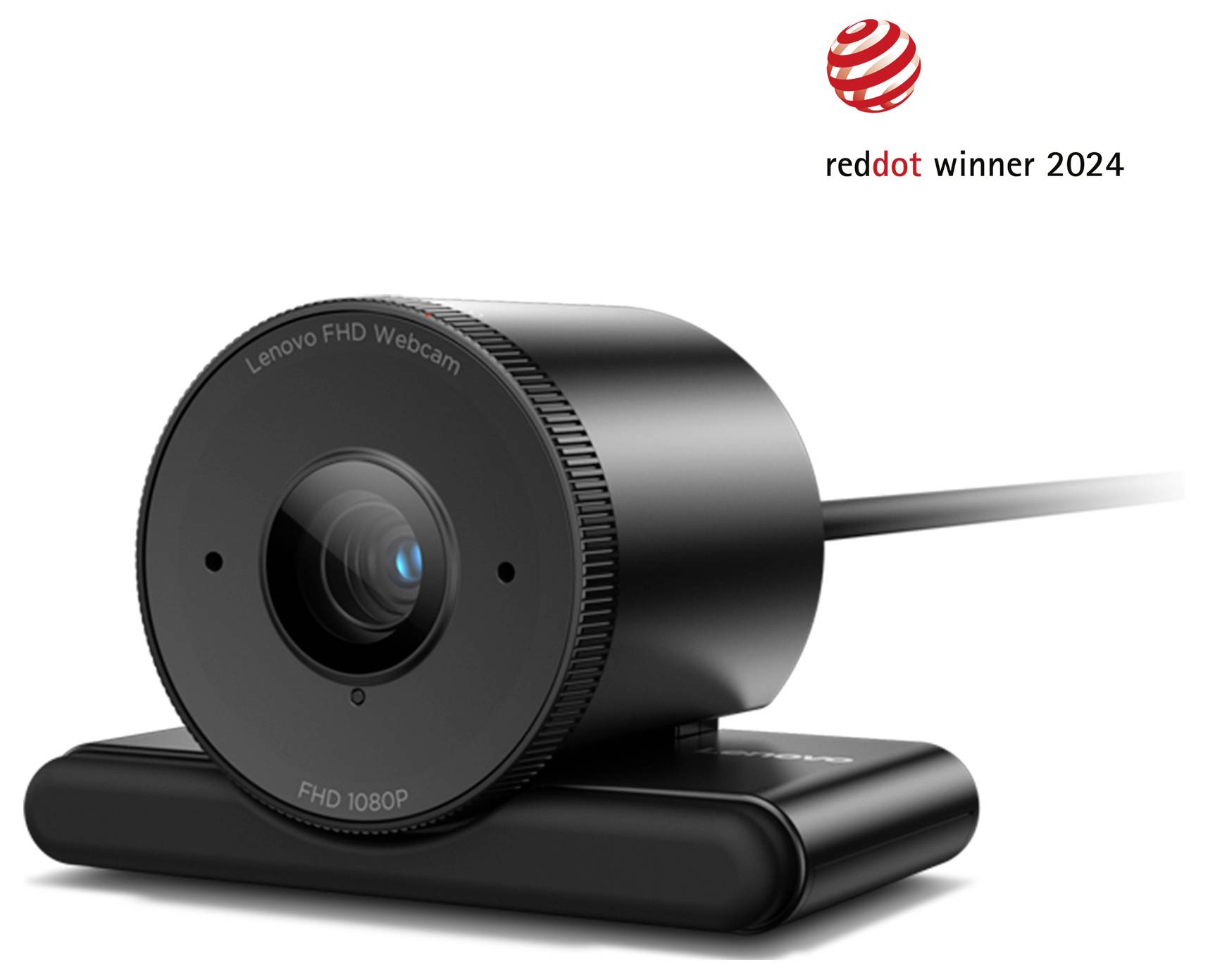 Schwarze Lenovo FHD-Webcam mit USB-Kabel und Standfuß, beschriftet mit „Lenovo FHD Webcam