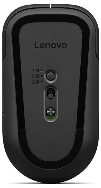 Schwarze kabellose Lenovo-Maus von unten gezeigt, mit sichtbarem Netzschalter und Kopplungs-/Kanalindikator-Bedienelemente.