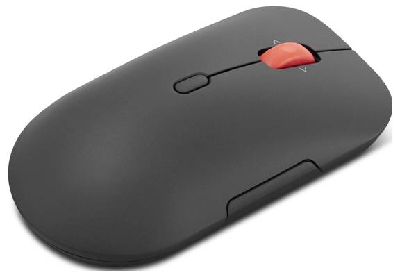 Schwarze kabellose Computermaus mit rotem Scrollrad und zwei Tasten, dargestellt auf weißem Hintergrund.