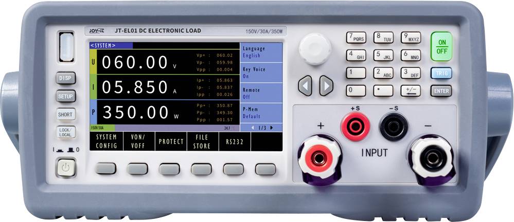 Frontplatte einer JF-E01 DC-elektronischen Last mit digitalem Display, Steuertasten, Tastatur und roten/schwarzen Eingangsklemmen.
