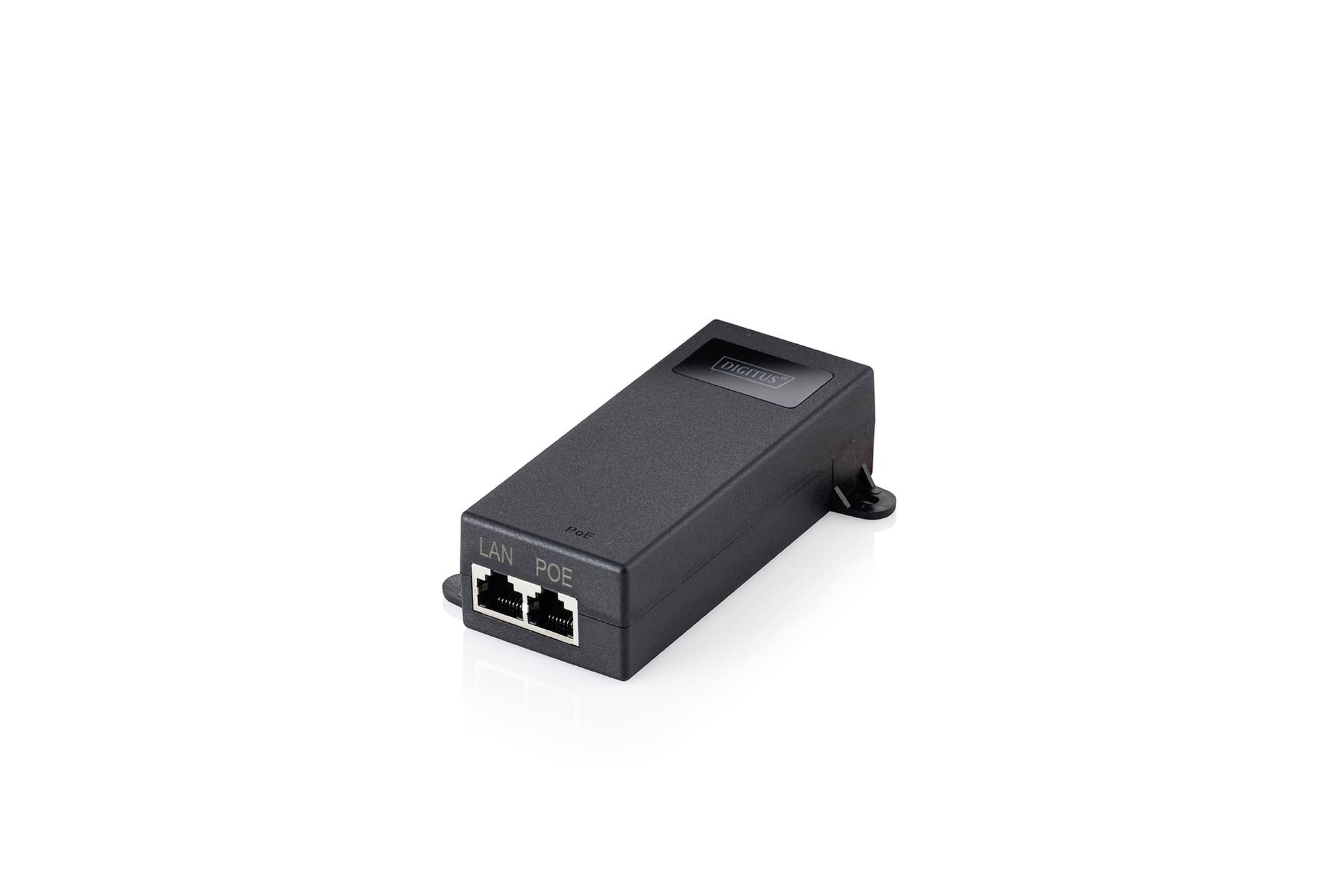 Schwarzer Ethernet-PoE-Injektor mit zwei vorderen Anschlüssen mit den Bezeichnungen „LAN