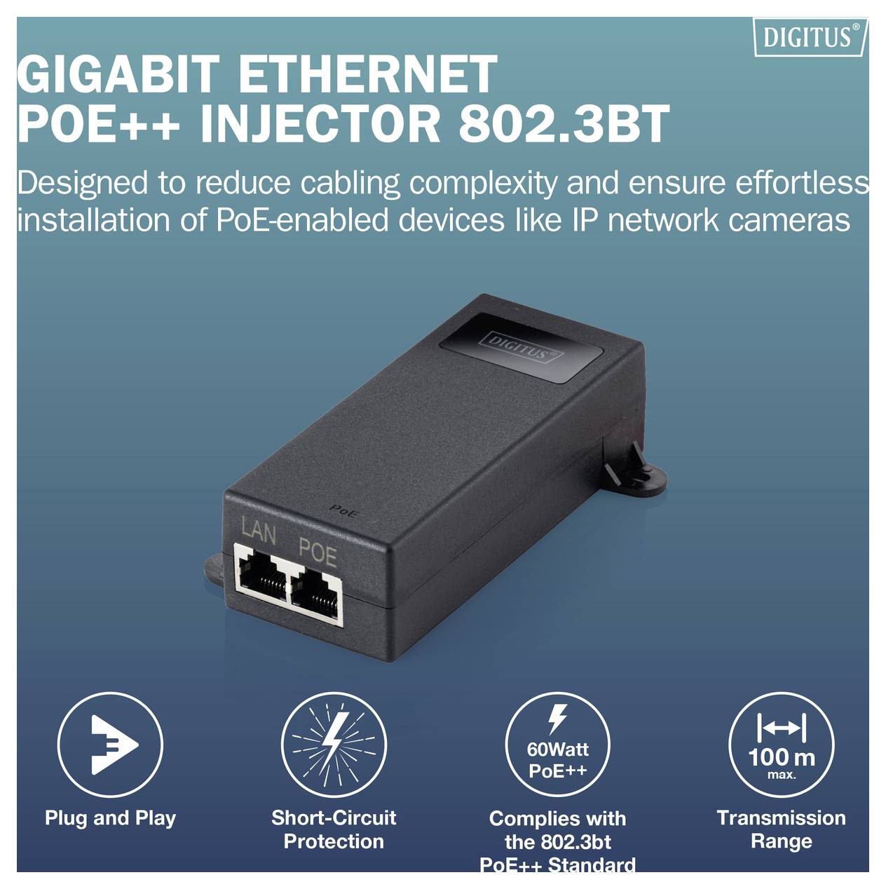 Digitus PoE Injektor 10 / 100 / 1000MBit/s IEEE 802.3bt