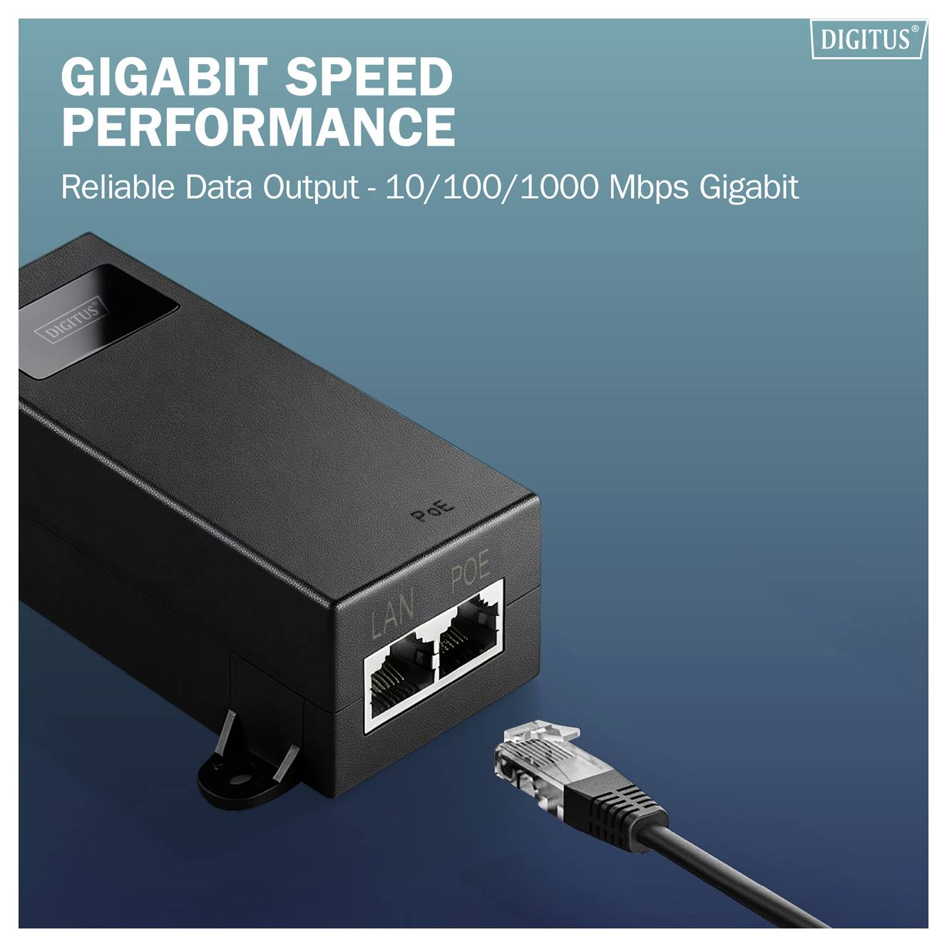 Werbebildet eines DIGITUS PoE-Gerätes mit Ethernetanschluss und Kabel, mit der Bezeichnung „GIGABIT SPEED PERFORMANCE