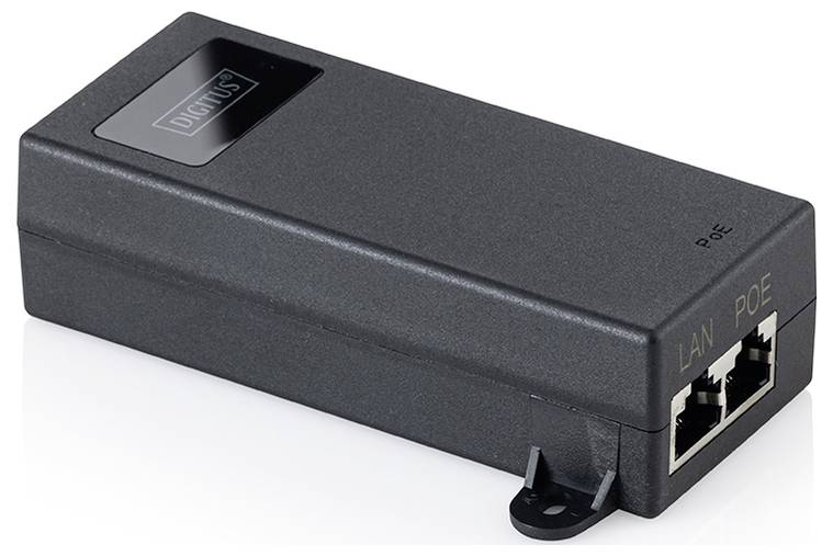 Schwarzer Digtus Power over Ethernet Injector mit zwei Ethernet-Anschlüssen mit der Bezeichnung LAN und PoE.