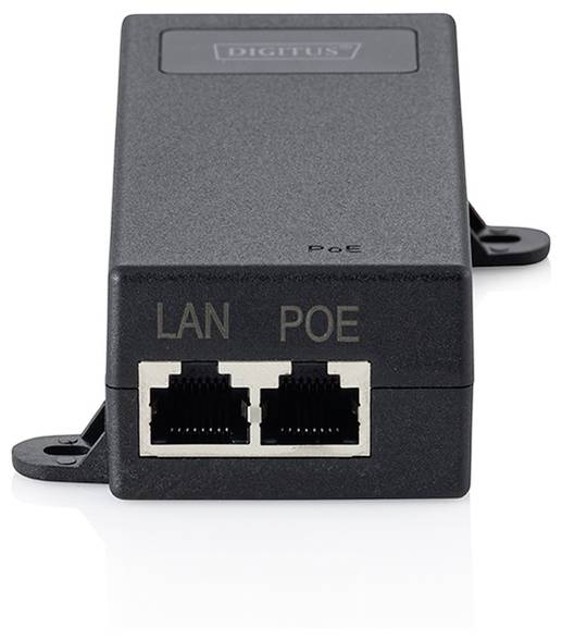 Schwarzer DIGITUS Power-over-Ethernet-Injektor mit LAN- und POE-Anschlüssen auf der Vorderseite.