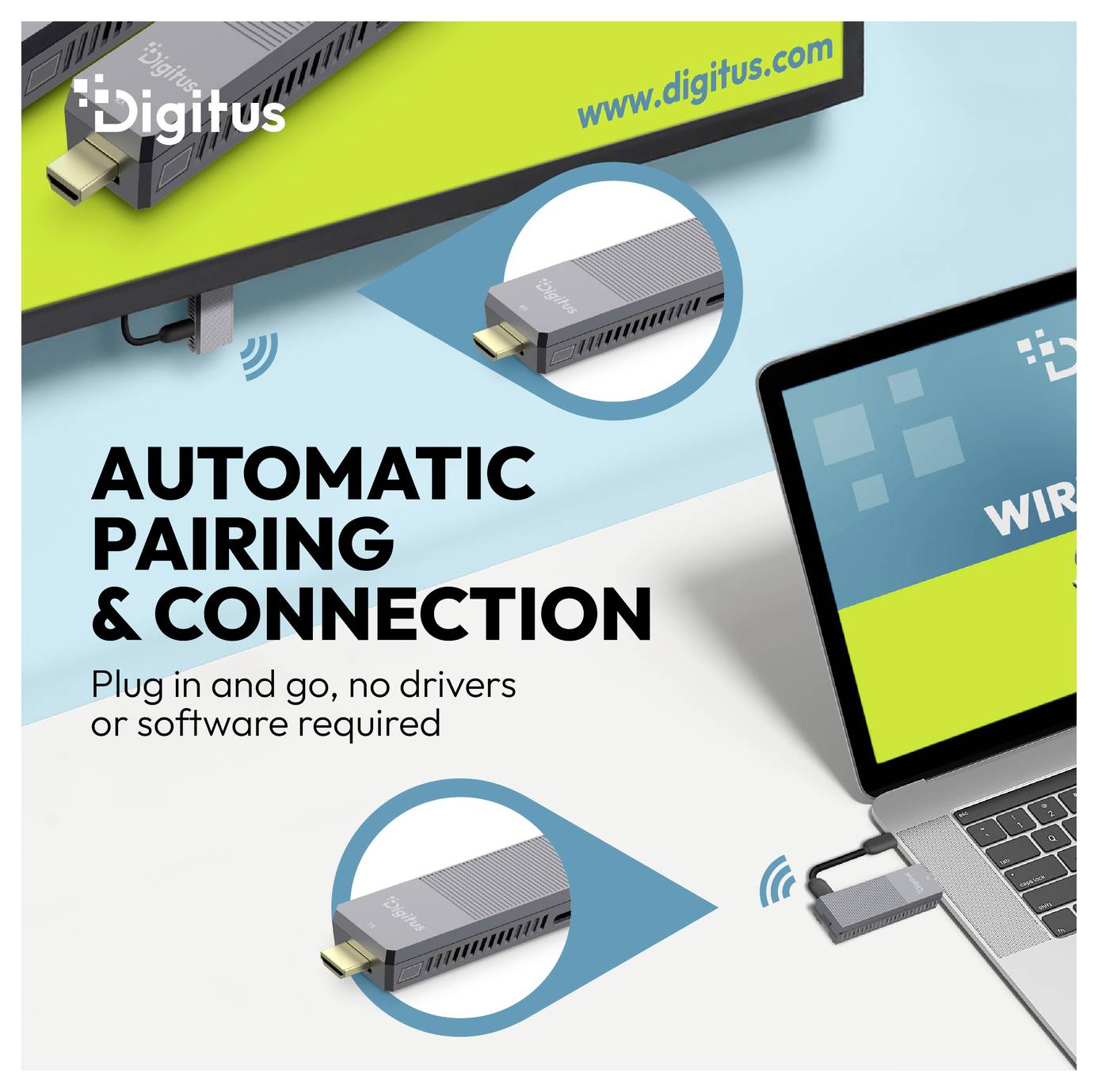Digitus Wireless-Adapter Promo zeigt USB-Gerät mit automatischer Kopplung mit einem Laptop; Text lautet „AUTOMATISCHE KOPPLUNG UND VERBINDUNG