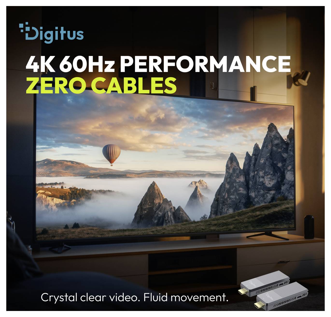 Digitus ad zeigt einen Fernseher mit Szenenvideo und dem Text „4K 60Hz PERFORMANCE