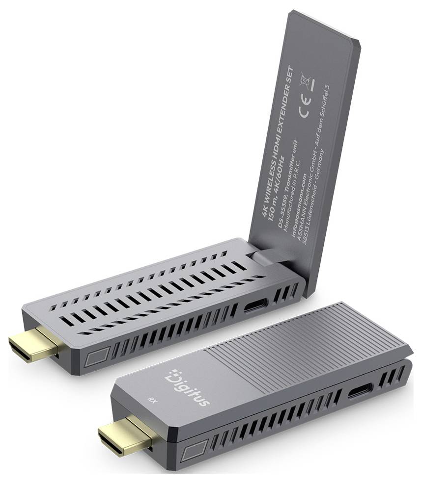 Zwei kompakte graue USB-C-Wireless-HDMI-Verlängerungsgeräte, eines mit klappbarer Antenne/Ständer und vergoldeten USB-C-Anschlüssen, auf weißem Hintergrund dargestellt.